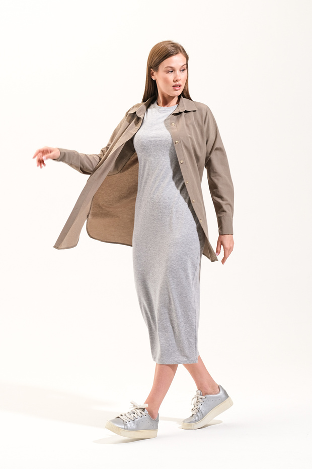 725400_Women's Crew Neck, Short Sleeve, Long, Plain Solid, Lycra Knitted Dress