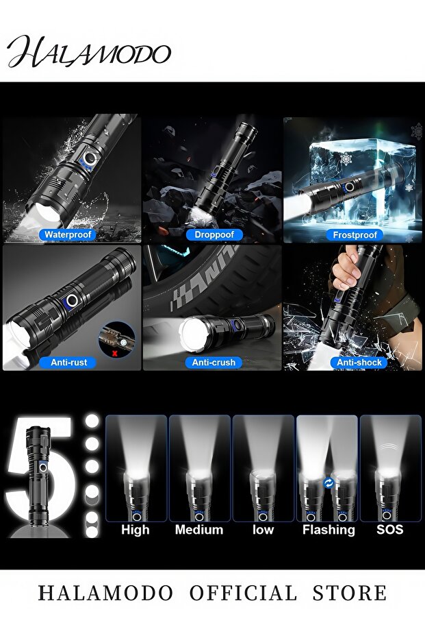 مصباح يدوي USB للشحن أسود 15 سم - 4