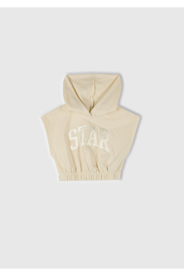Girl's Ecru Sleeveless Hooded Sweatshirt with Appliqué on the Front and Embroidery Detail