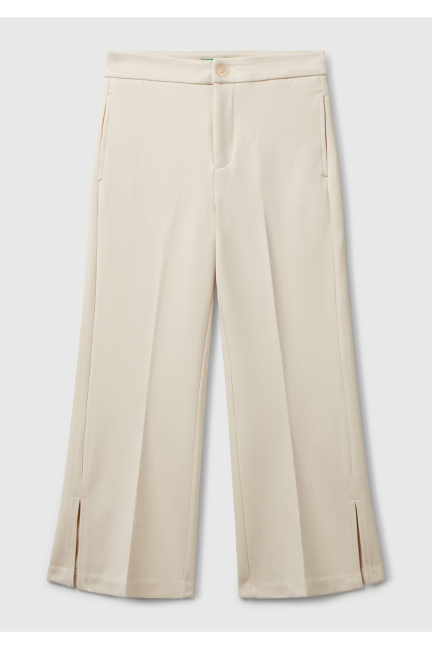 Girl's Cream Viscous Blended Milano Stitched Trousers with Side Slits