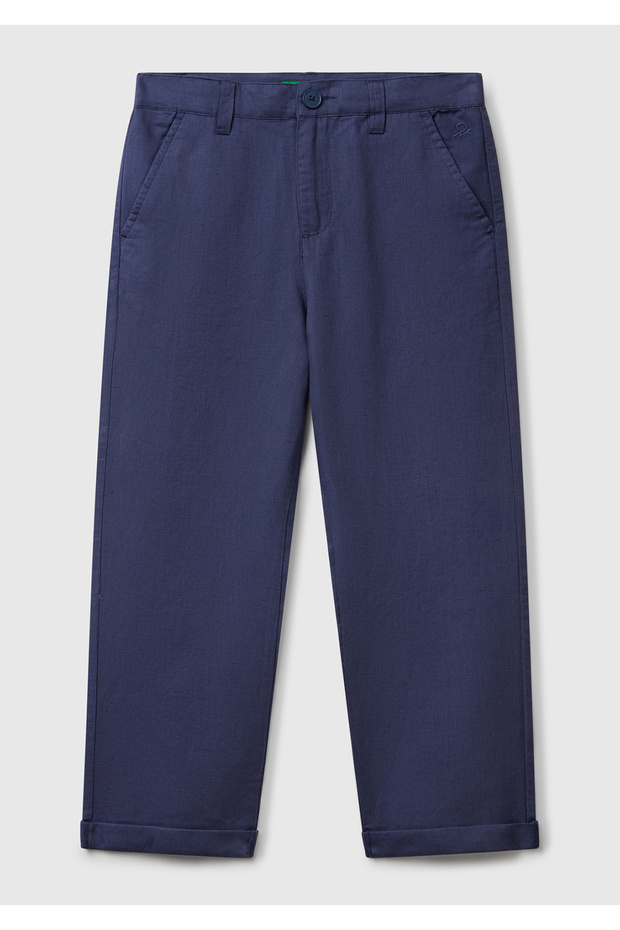 Boy's Navy Blue Linen Blend Curled Leg Relax Fit Trousers