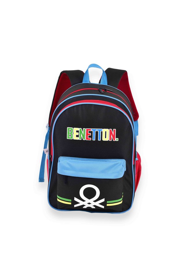 Boy's Black Benetton Logo Double Compartment Backpack