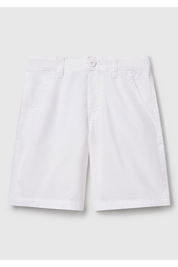 Boy's White Pocket Regular Fit Denim Bermuda Shorts