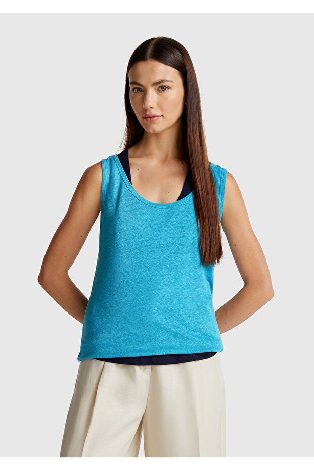 Women's Blue 100% Linen Regular Fit Round Neck Undershirt with Side Slits