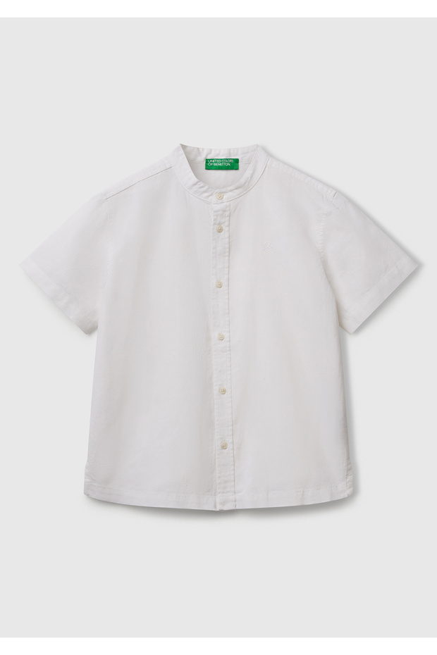 Boy's Ecru Linen Blended Judge Collar Short Sleeve Shirt