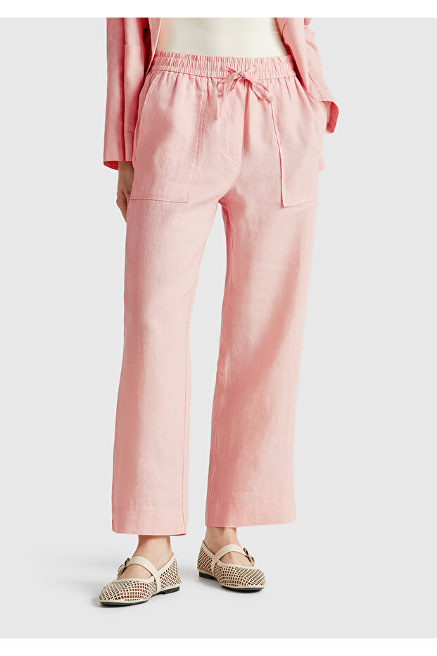 Women's Pink 100% Linen Drawstring Pocket Cigarette Pants