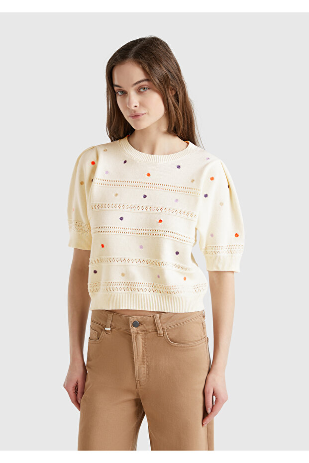 Women's Cream 100% Cotton Patterned Half Sleeve Regular Fit Crew Neck Sweater