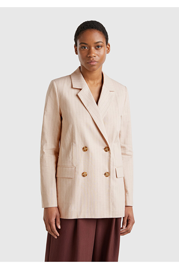 Women's Beige Cotton and Linen Blended Thin Striped Relax Fit Jacket