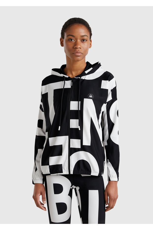 Women's Black Text Patterned Hooded Sweatshirt with Front Zipper and Rope Detail