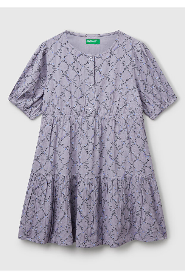 Girl's Purple Viscous Patterned Front Buttoned Pleated Layered Short Sleeve Dress