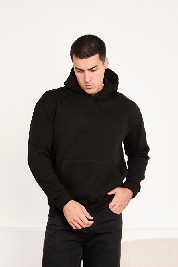 Kapüşonlu Basic Oversize Erkek Sweatshirt - 1