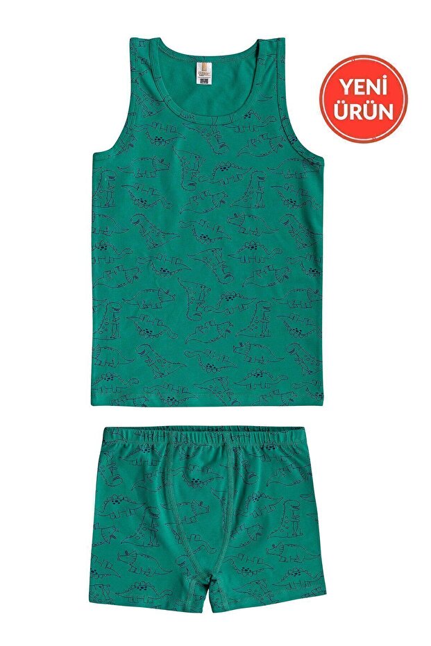 Boy's Cotton Patterned Lycra Tank Top Shorts - Thick Straps, Flexible and Comfortable Underwear Özkan 32051