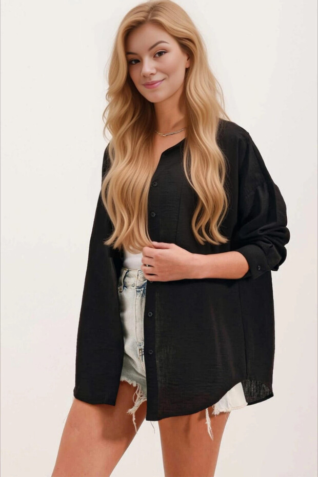 Women's Black Single Pocket Oversize Linen Ayrobin Shirt Hzl24S-Bd1201531