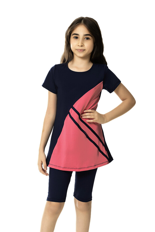 Girl's Black Salmon Color Blocked 6-13 Years Half Sleeve Tights Swimsuit HZL24S-AR1172-01