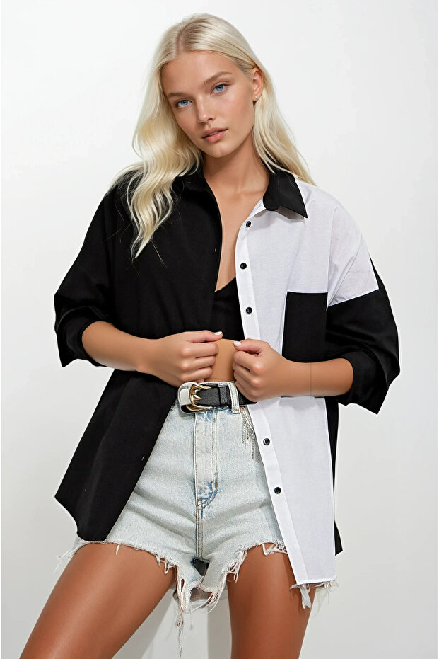 Women's Black and White Color Block Poplin Basic Shirt Hzl22S-Bd1201161