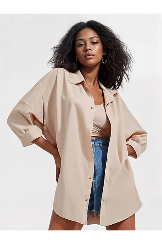 Kadın Bej Oversize Uzun Basic Gömlek HZL22W-BD139001 - 3
