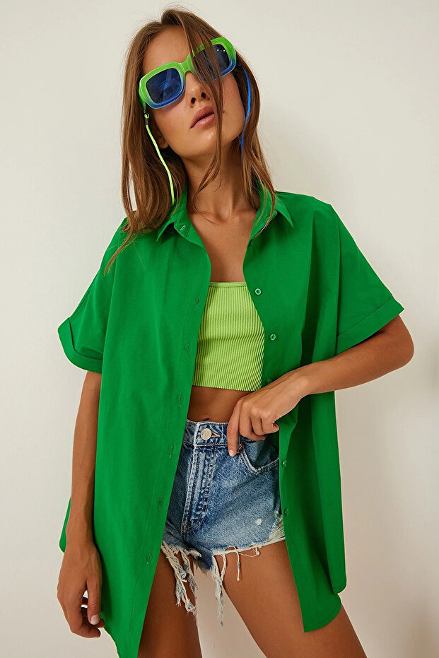 Women's Dark Green Oversize Long Short Sleeve Basic Poplin Shirt Hzl22S-Bd1201201