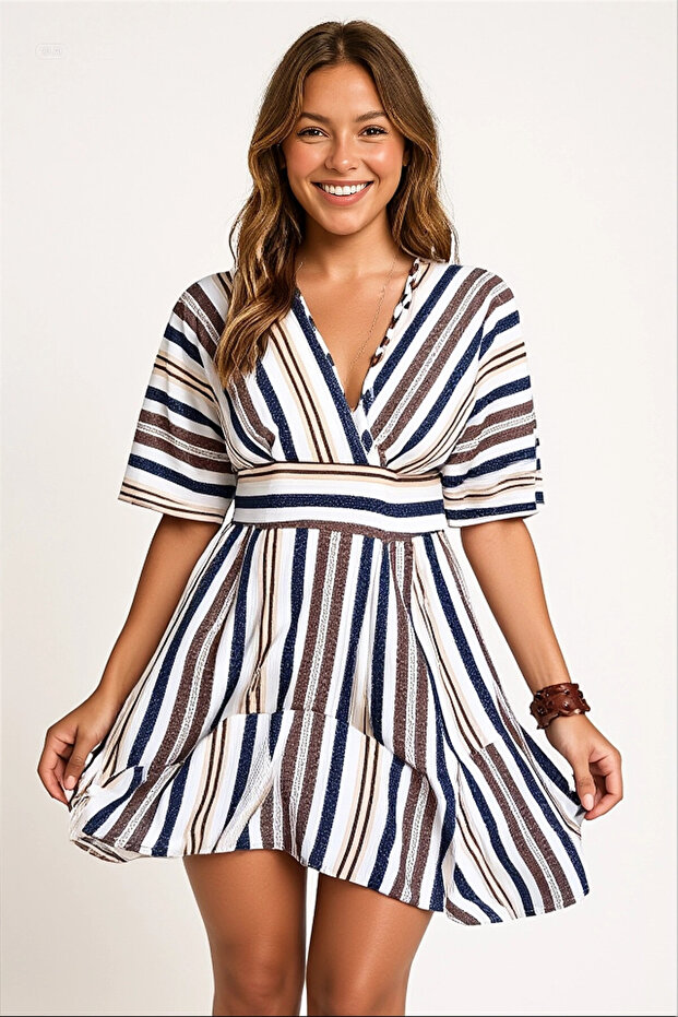 Women's Cream Navy Blue Imported Linen Printed V-Neck Unlined Dress HZL24S-FRY121021