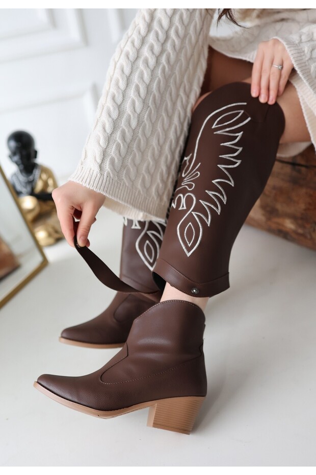 Jilla Kahverengi Cilt Tak Çıkar Topuklu Bot Ve Çizme - Lisinya - 2