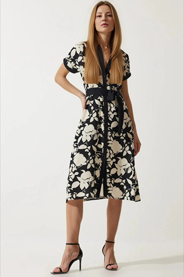 Women's Black Cream Belted Floral Patterned Buttoned Summer Viscose Dress Hzl24S-Bd124551