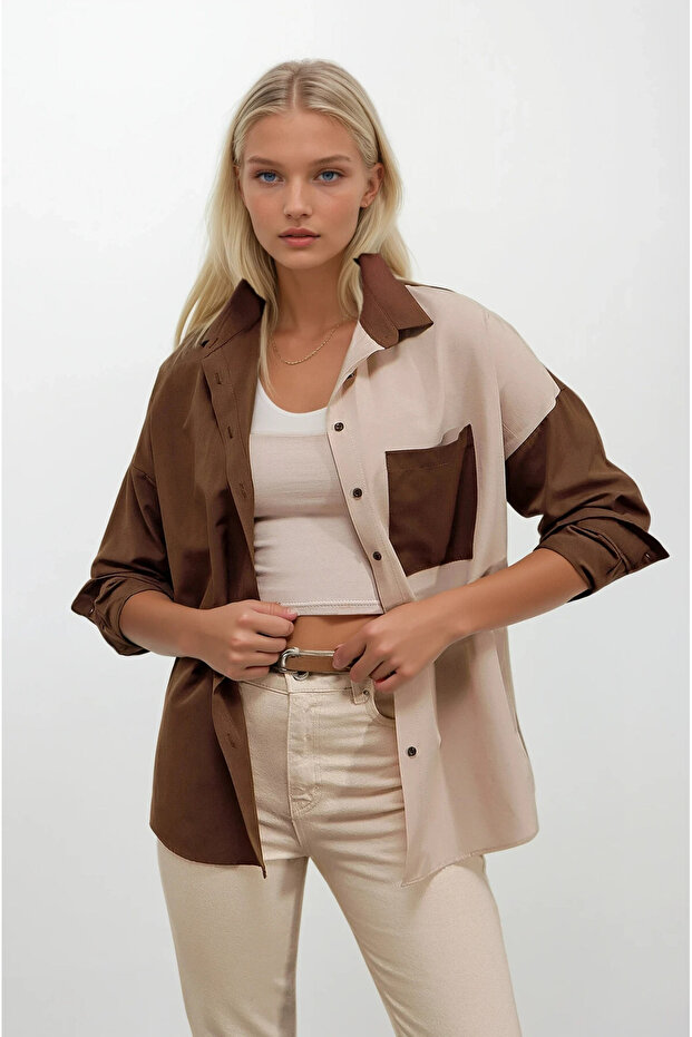 Women's Brown Cream Color Block Poplin Basic Shirt Hzl22S-Bd1201161