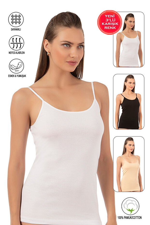 Özkan 0107 3-Pack Women's 100% Cotton Ribbed Mixed Color Flexible Comfortable Knitted Undershirt with Rope Straps