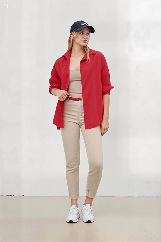 Kadın NAR Çiçeği Oversize Uzun Basic Gömlek HZL22W-BD139001 - 2