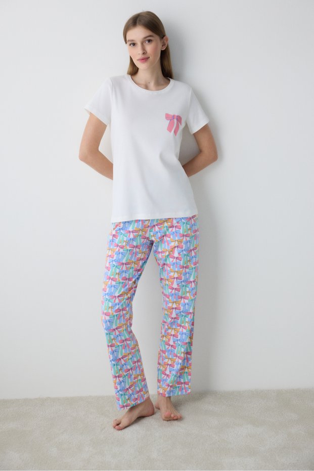 Colored Bows Pants Multicolor Pajama Set