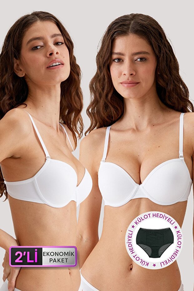 Economic Pack of 2 White 6010 Madrid Underwire Non-Padded Micro T-shirt Bra Set with Slip Gift