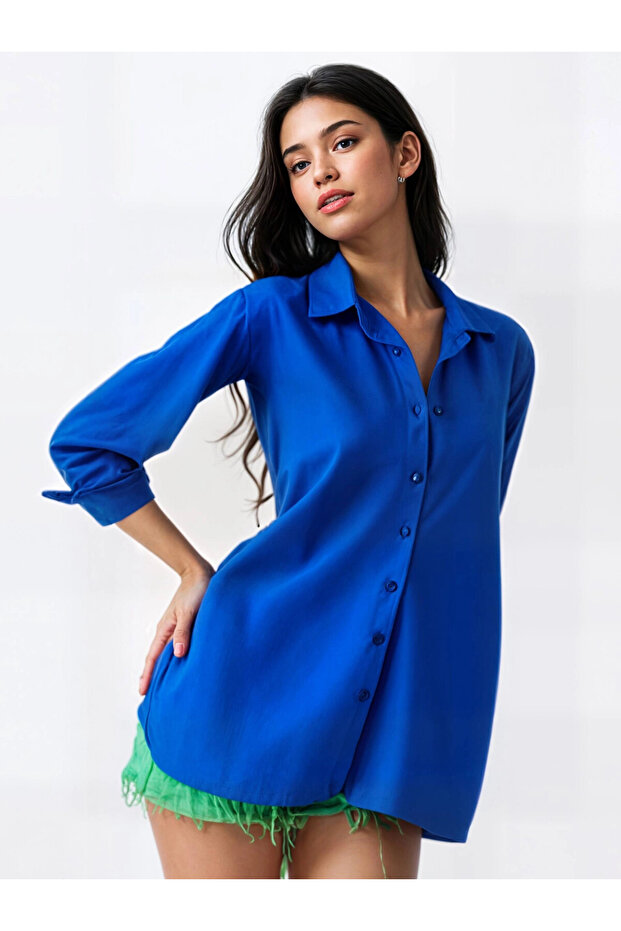 Women's Vibrant Blue Oversize Long Basic Shirt Hzl22W-Bd139001