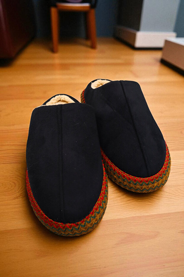 Women's Navy Blue House Slippers. Colorful Scalloped Patterned Slippers with Fur Inside.
