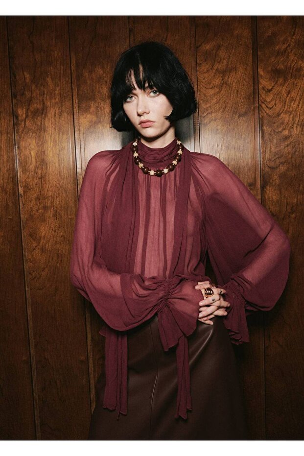 Half-Transparent Blouse with Scarf Detail