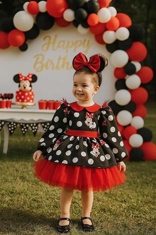 KIZ ÇOCUK MİCKEY MOUSE SİYAH ELBİSE, MİNNİE MOUSE KABARIK ELBİSE, MİCKEY MOUSE ELBİSE - 1