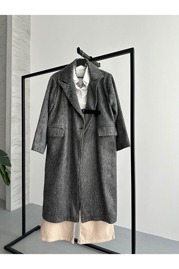 معطف صوف أنثراسيت كبير الحجم بزر واحد - 1