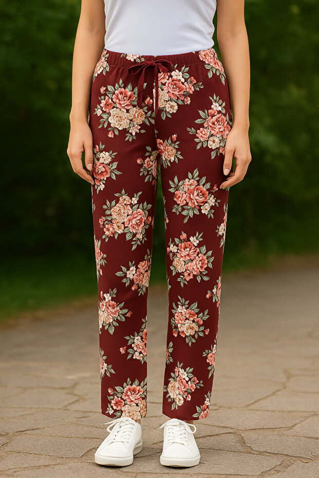 Bordo Çiçek Desenli Tek Alt Pijama - 5
