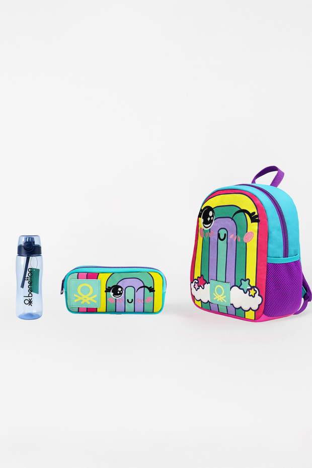Rainbow Patterned Triple Kindergarten Bag Set (Kindergarten Backpack, Pencil Case with Compartment, Water Bottle Blue)