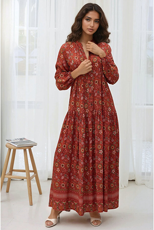 Düğmeli Baskılı V Yaka Modest Elbise - 1