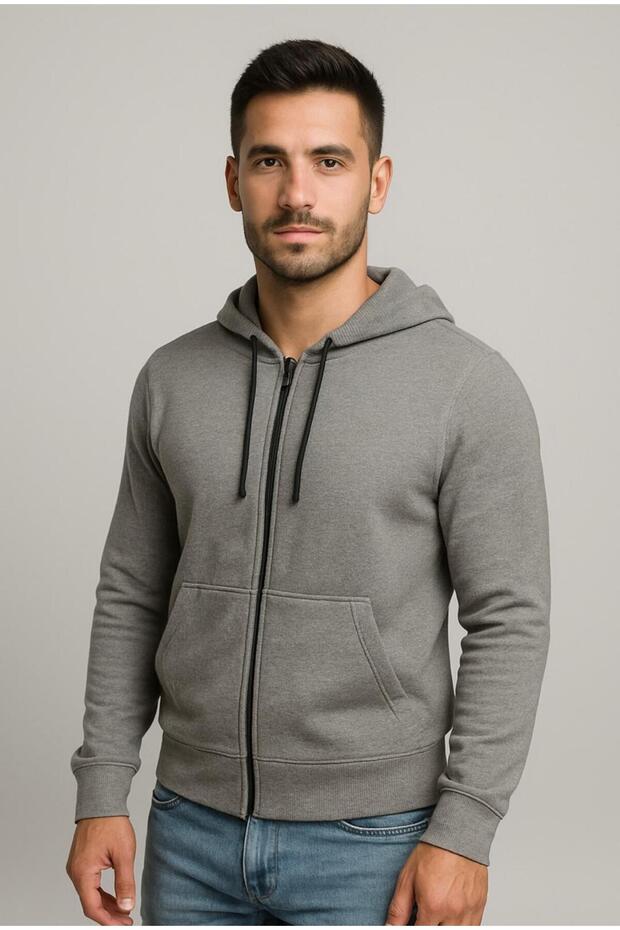 Men's Gray 2 Thread Zippered K Hooded Sweatshirt-W1084