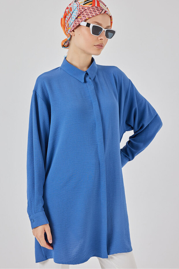 Kadın Uzun Gömlek Tunik 5945 - Saks - 4