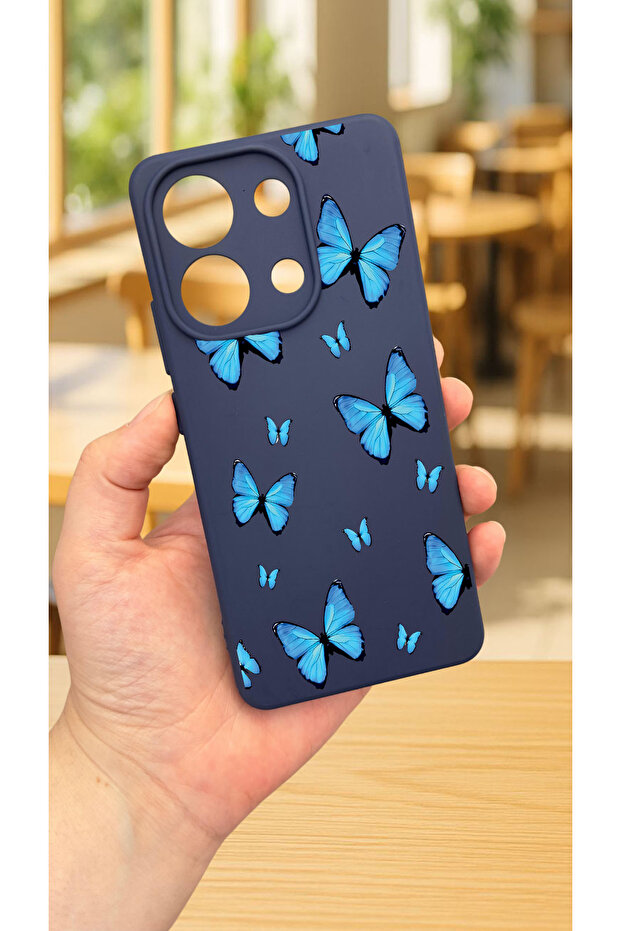Xiaomi Redmi Note 13 Pro 4g Blue Butterfly Patterned Silicone Shock-Absorbing Classic Protected Rubber Case