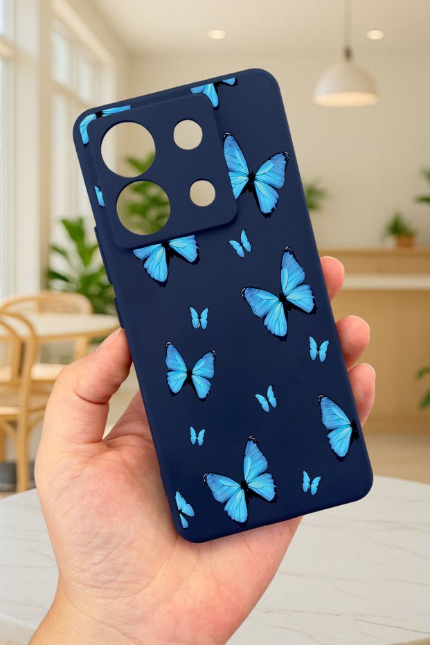 Xiaomi Redmi Note 13 Pro 5g Blue Butterfly Patterned Silicone Shock-Absorbing Classic Protective Rubber Case
