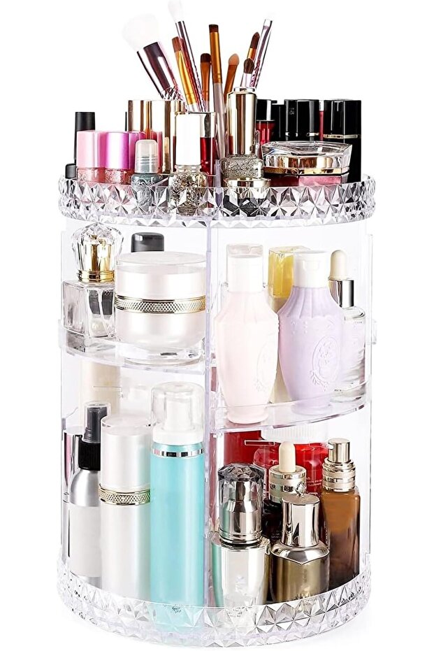 Diamond Pattern Rotating Makeup Organizer | 360° Spinning Acrylic Storage Case for Vanity & Bathroo