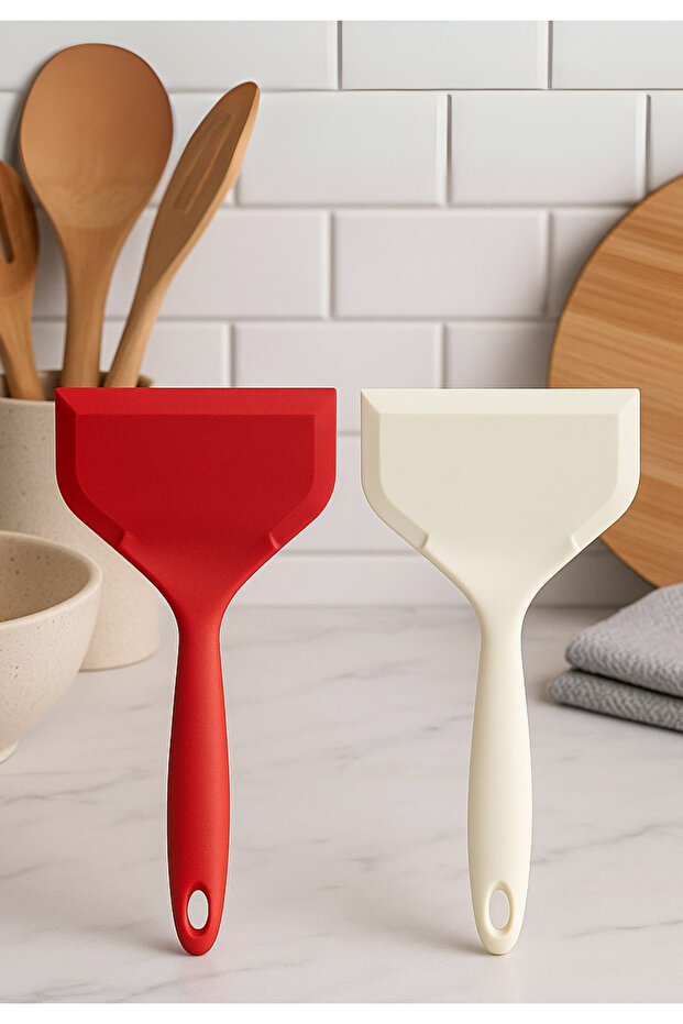 Silicone Kitchen Spatula Set of 2 - Red & White, Heat Resistant, Flexible and Durable, Non-Stick