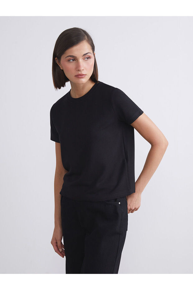 Two Mt Shop Quality Lcw Vision Black Interlock Plain Standard & Regular Short Sleeve Women's T-Shirt