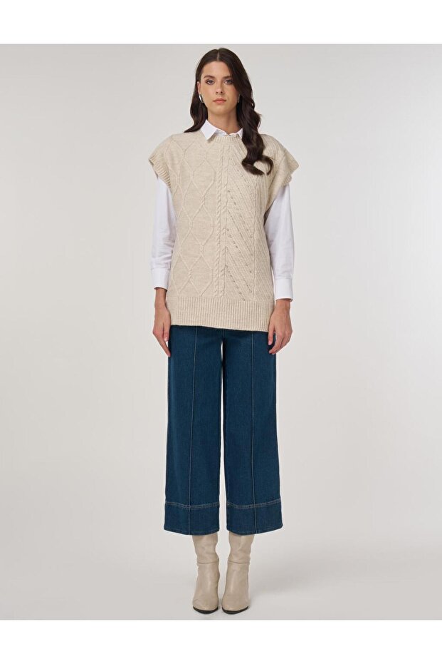 İşlemeli Triko Süveter Krem - 3