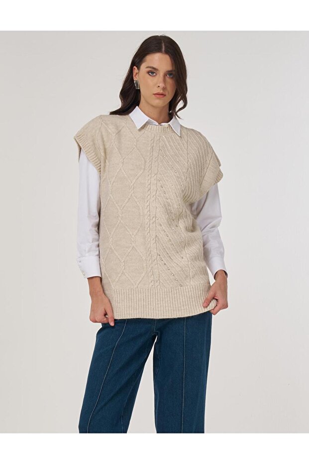 İşlemeli Triko Süveter Krem - 1