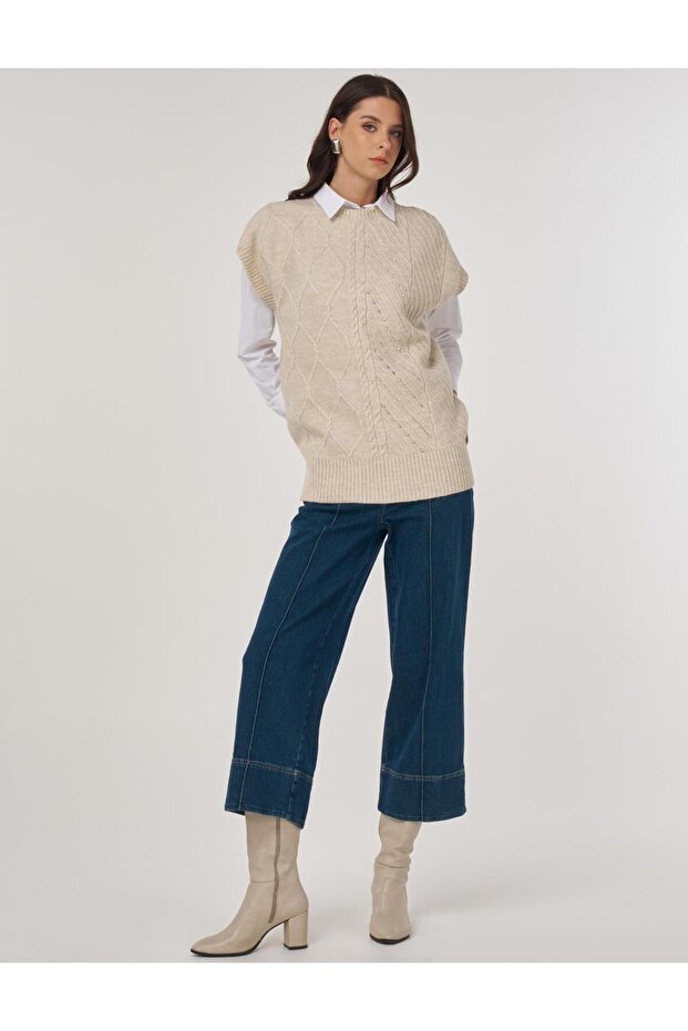 İşlemeli Triko Süveter Krem - 2