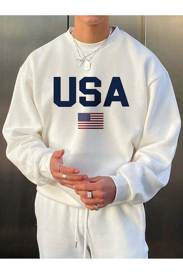 Men's Unisex Usa Printed 3-Thread Ribbed Crew Neck Sweatshirt