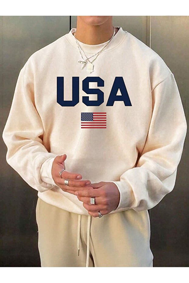 Men's Unisex Usa Printed 3-Thread Ribbed Crew Neck Sweatshirt
