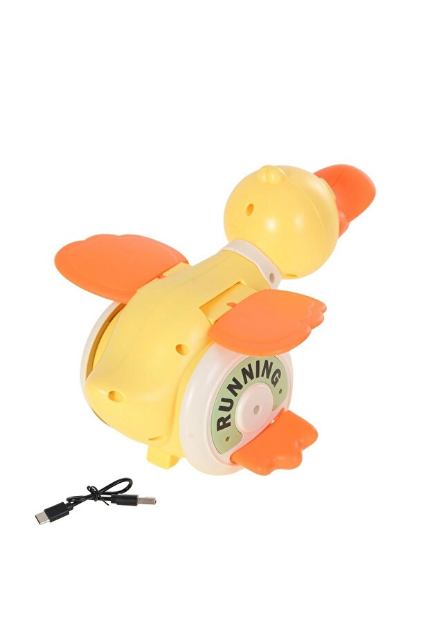 Sesli ve Işıklı Yürüyen Ördek Oyuncak – Kanat Çırpan, 360° Dönen, USB Şarjlı Foraging Duck - Sarı - 6